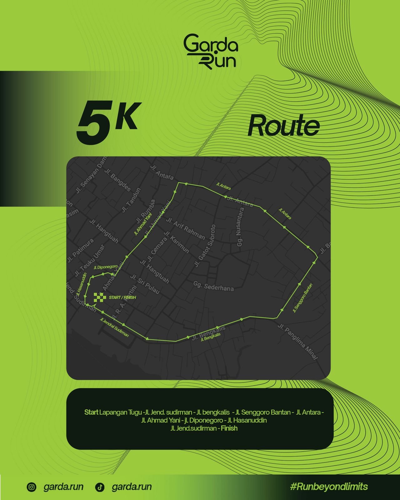 Peta rute 5K GARDA RUN, lengkap dengan titik start/finish