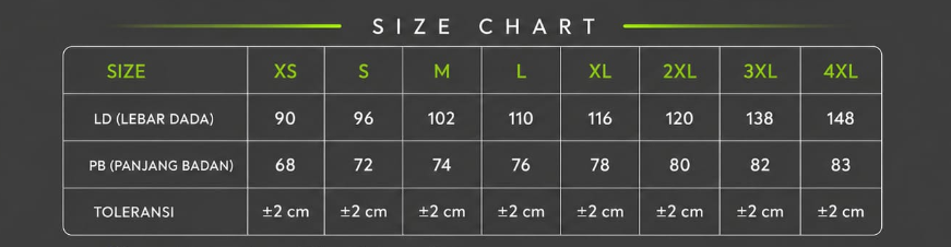 Size chart ukuran jersey GARDA RUN, XS sampai 4XL